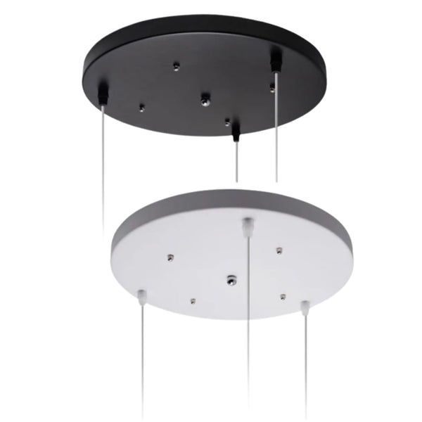 Deux bases rondes de fixation pour plafonnier suspension, en finition noire et blanche, avec plusieurs points d’accroche pour câbles lumineux.